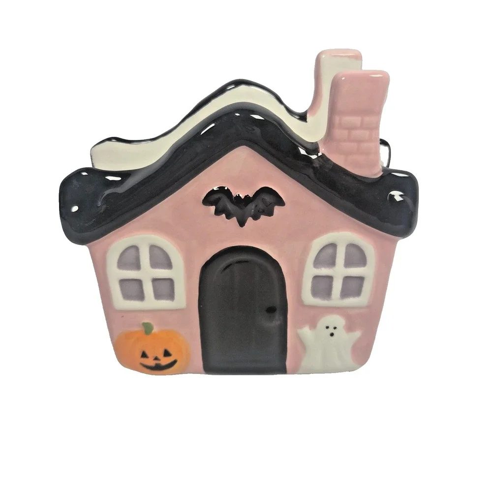 Pink Haunted House Napkin Holder Ghost Pumpkin Bat Halloween Ceramic Decor New
